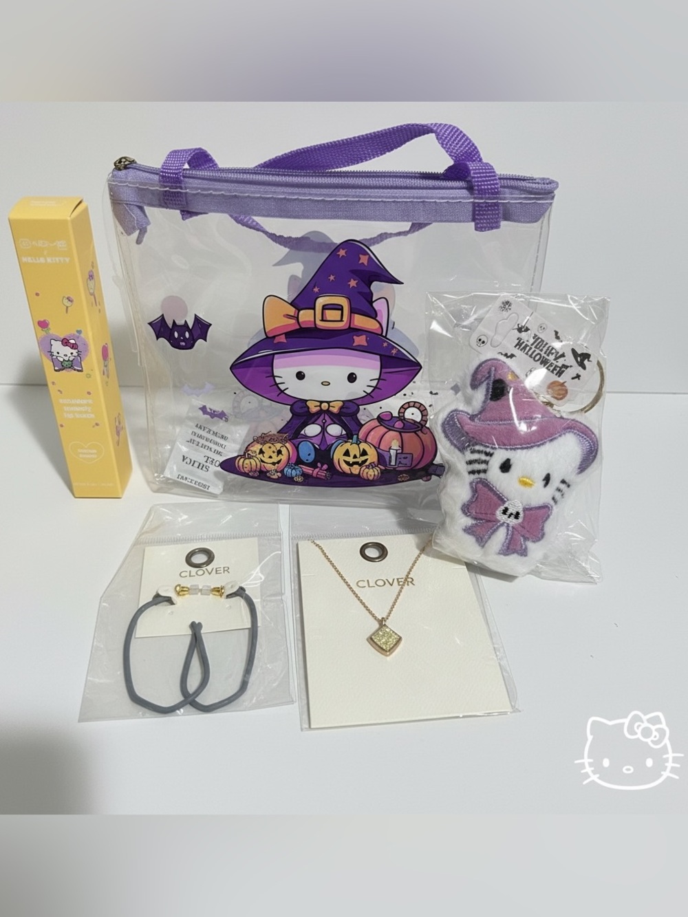 5pieces Hello Kitty Purple Witch Clear Tote Bag witch match plush keychain and +